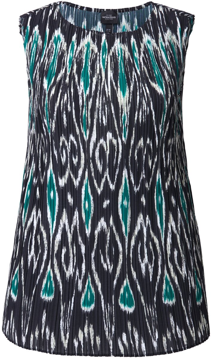 Ulla Popken - Dames - Blouseachtige top plissé grafisch design ronde hals - Zwart - Maat 50+