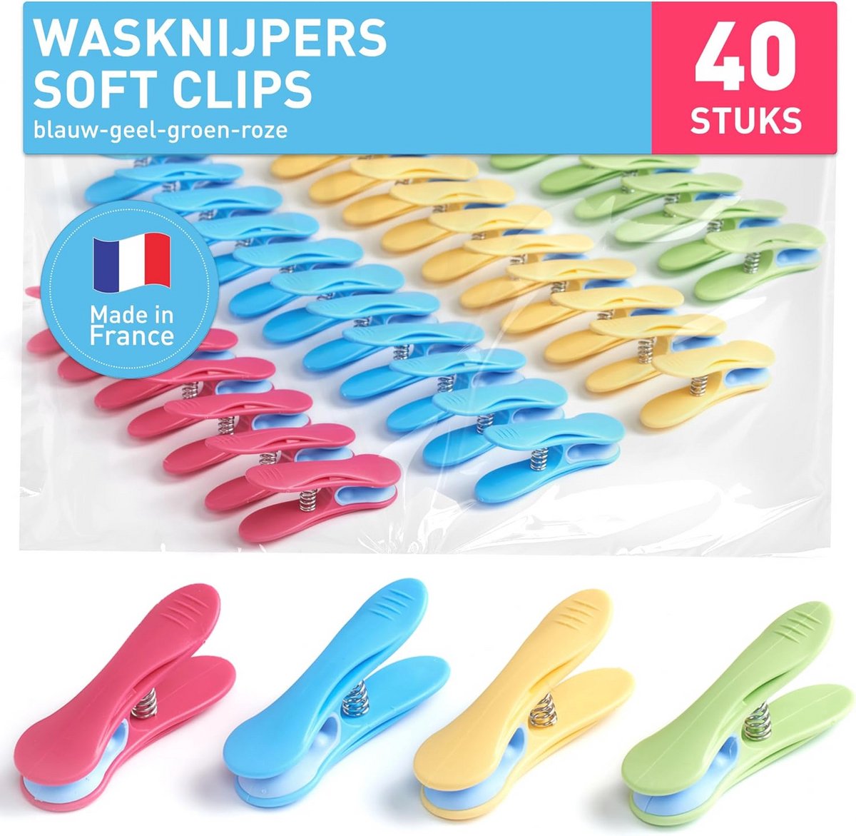Zachte wasknijpers set van 40 stuks in blauw, geel, groen en roze