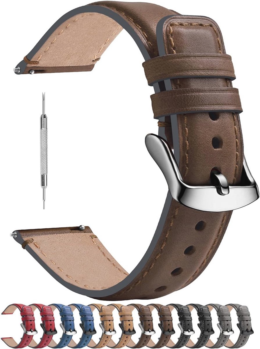 Leren Horlogebandje in 6 Kleuren met D-Vorm Gesp voor 18-20-22 mm Horloges