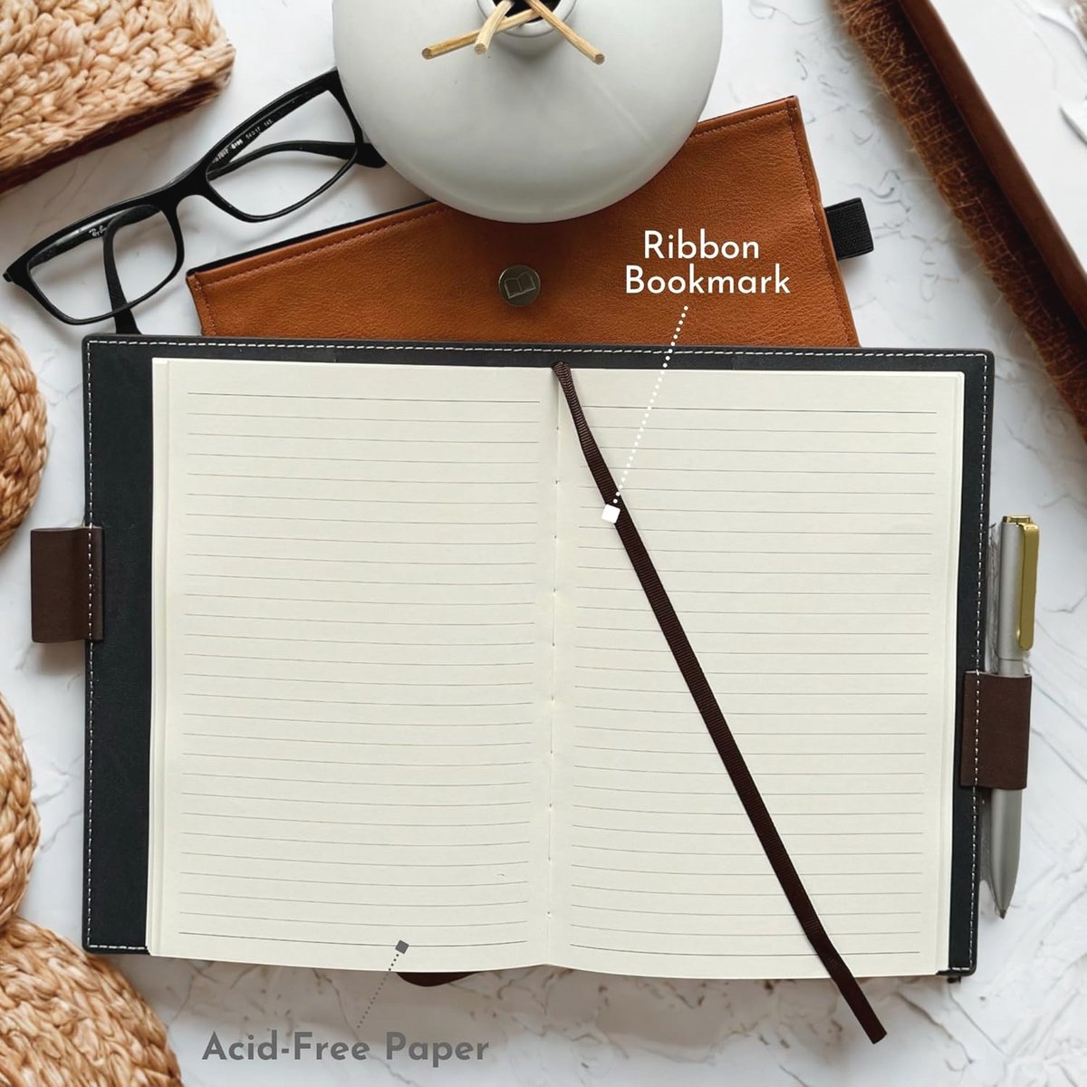 Hervulbaar dagboek met dubbele pennenhouder en luxe pen - 256 pagina's gelinieerd papier - groenblauw met levensboom — cadeau in Kalenders & Planners - foto 7
