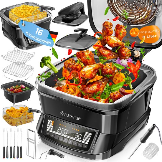 Zwarte Kesser multicooker, 8L, met 16 kookfuncties. Gevuld met kipvleugels, groenten. Frieten, kipnuggets, vlees en accessoires.