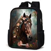 NoBoringSuitcases.com® - Rugzak zwart - Schooltas jongen & meisje - Donkerbruin - Paard - Bloemen - Bladeren - Rugtas voor school - Boekentas kind - Schoolrugzak - Kinderrugzak