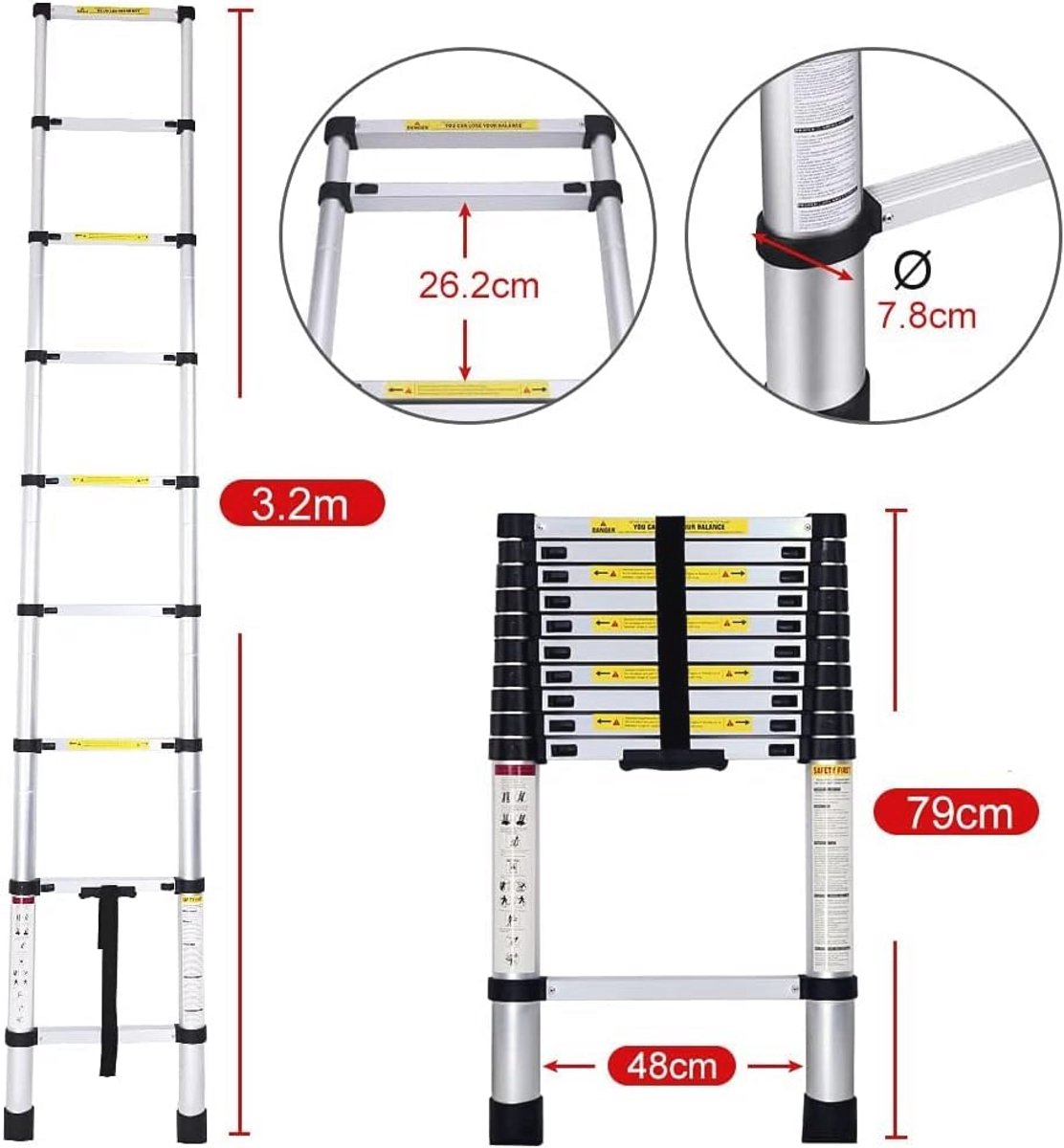 Telescopische Aluminium Ladder 3,2 m - Licht en Draagbaar voor Huishoudelijk Gebruik