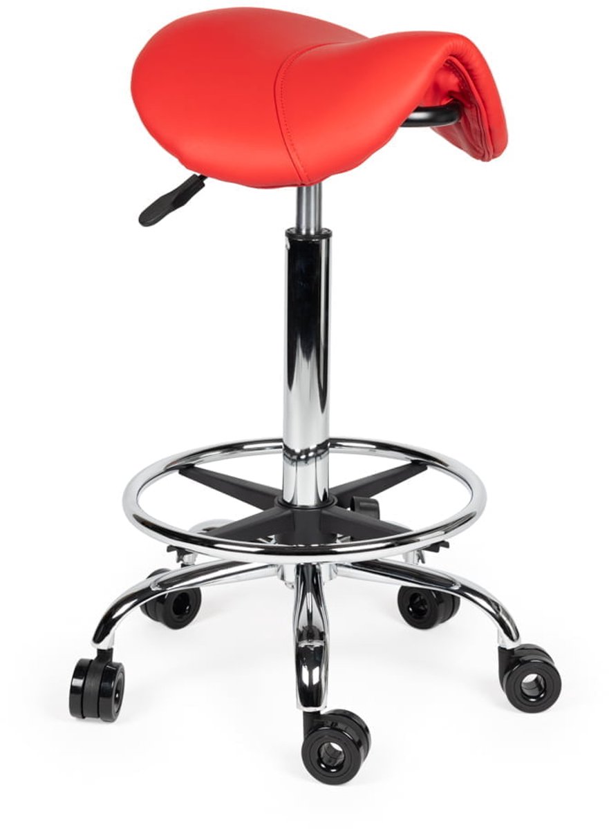 Ergonomische Kapperskruk Rood op Wielen Hoog (70-84cm) / met Voetsteun