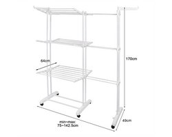 Droogrek-Wasrek-Kledingdroogrek met3 Niveaus-Uitschuifbare Wasdroogrek met Verstelbare Hoogte (75-142,5 cm)-Vrijstaand Zwaar Metaal Frame-Met wielen-(Zwart + Licht Wit)