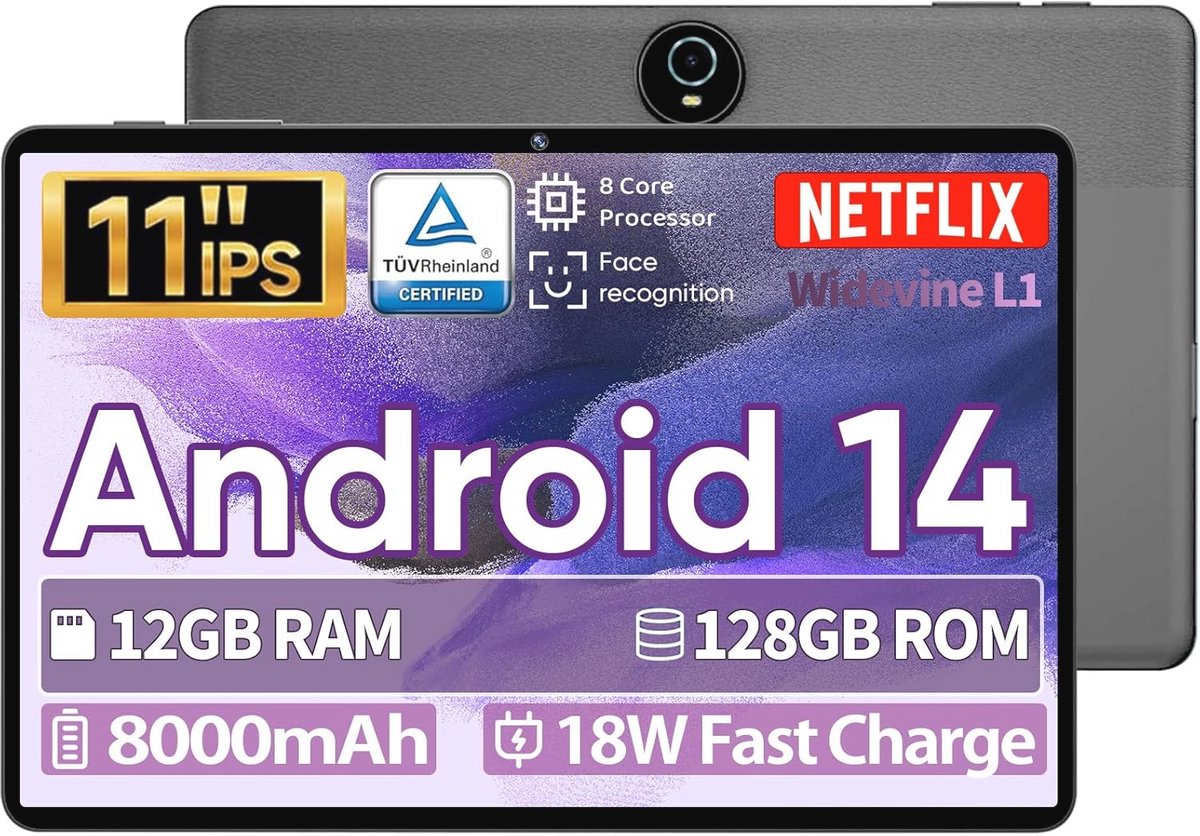 11 Inch Android Tablet met 6GB RAM en 128GB Opslag - Octa Core, FHD Scherm, 8000mAh