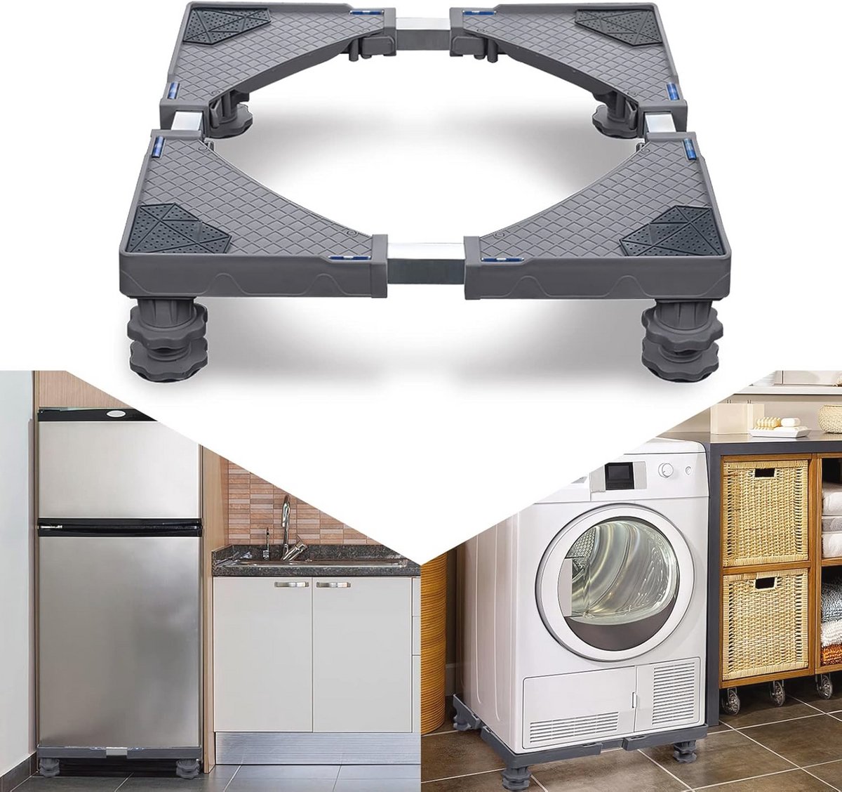 Verstelbare wasmachine sokkel met schokdemping en antislip voor droger en koelkast (breedte 44-75 cm, hoogte 10-13 cm)