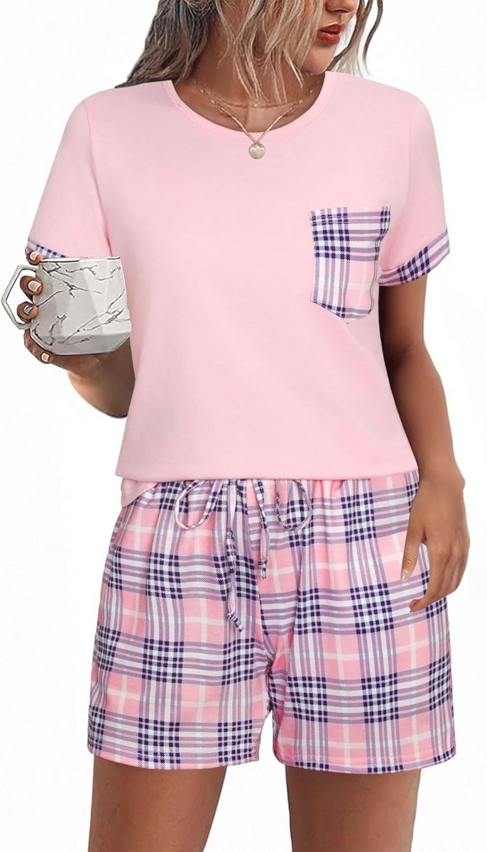 Damespyjamasets Korte Mouwen Katoenen Loungewear met Zakken