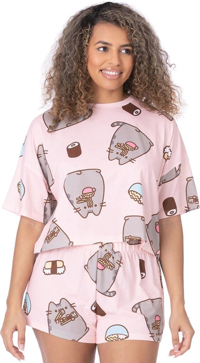 Dames Pyjama Set met Cropped T-Shirt en Shorts | Pastel Roze Cartoon Kat met Sushi | Gezellige Loungewear