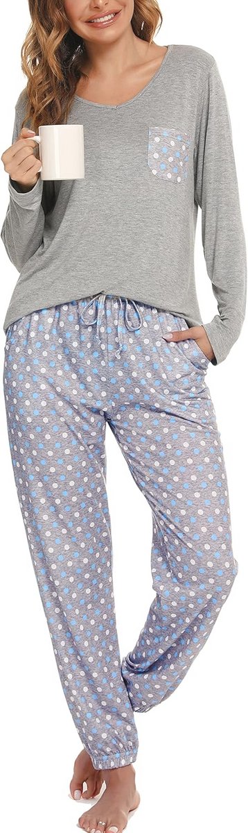 Dames Pyjama Set V-hals met Lange Mouwen en Broek - Zachte Katoenen Nachtkleding