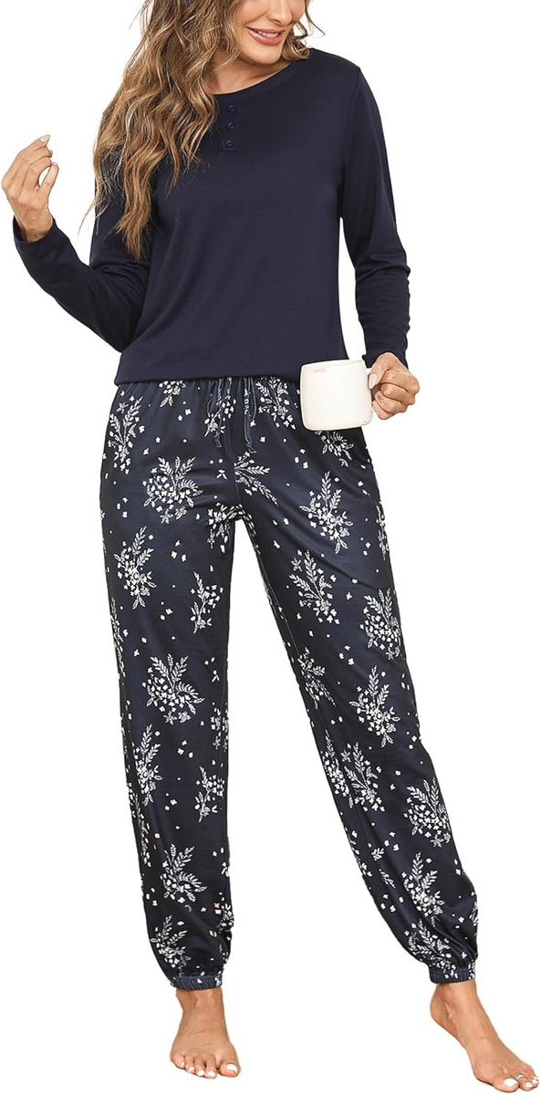 Dames Katoenen Pyjama met Lange Mouwen en Zak - Comfortabele Huiskleding voor Herfst en Winter