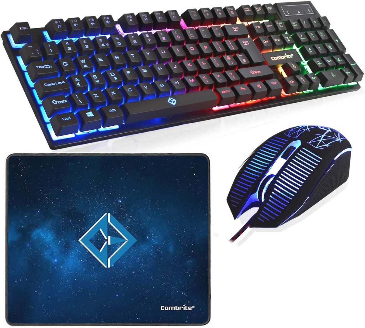 Gaming Toetsenbord en Muis Set met Gloeiende Regenboog LED en Grote Muismat - USB Bedraad Desktop Combo voor PC en Laptop