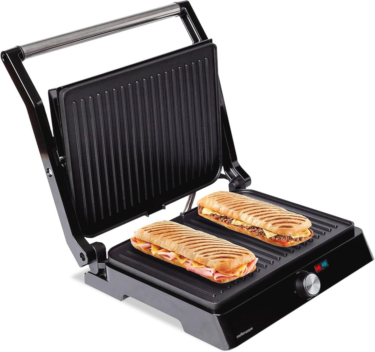 Mellerware ES9680050L - Lekker! 2200 W elektrische grill, antiaanbaklaag, LED-temperatuurregeling, 180º opening, aanpasbare platen, groot oppervlak, 29 × 46 cm, roestvrijstalen grill, PFOA-vrij, meerkleuren