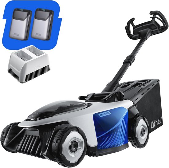 Zelfrijdende elektrische grasmaaier 43 cm met mulchfunctie, 6 maaihoogtes, 2 accu’s en 50L grasbak