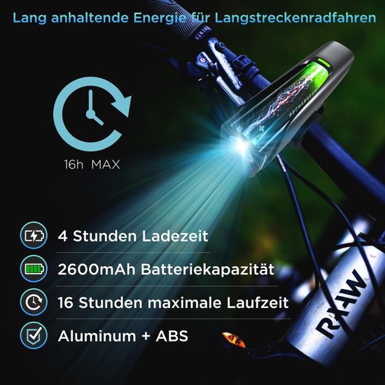 evermotor LED Bicycle Light Set, StVZO-Approved, Bicycle Light + Rear Light, USB C Rechargeable Bicycle Lights Accessories Long Lasting Mountain Bike Lighting Set for Children Adults — afbeelding 3