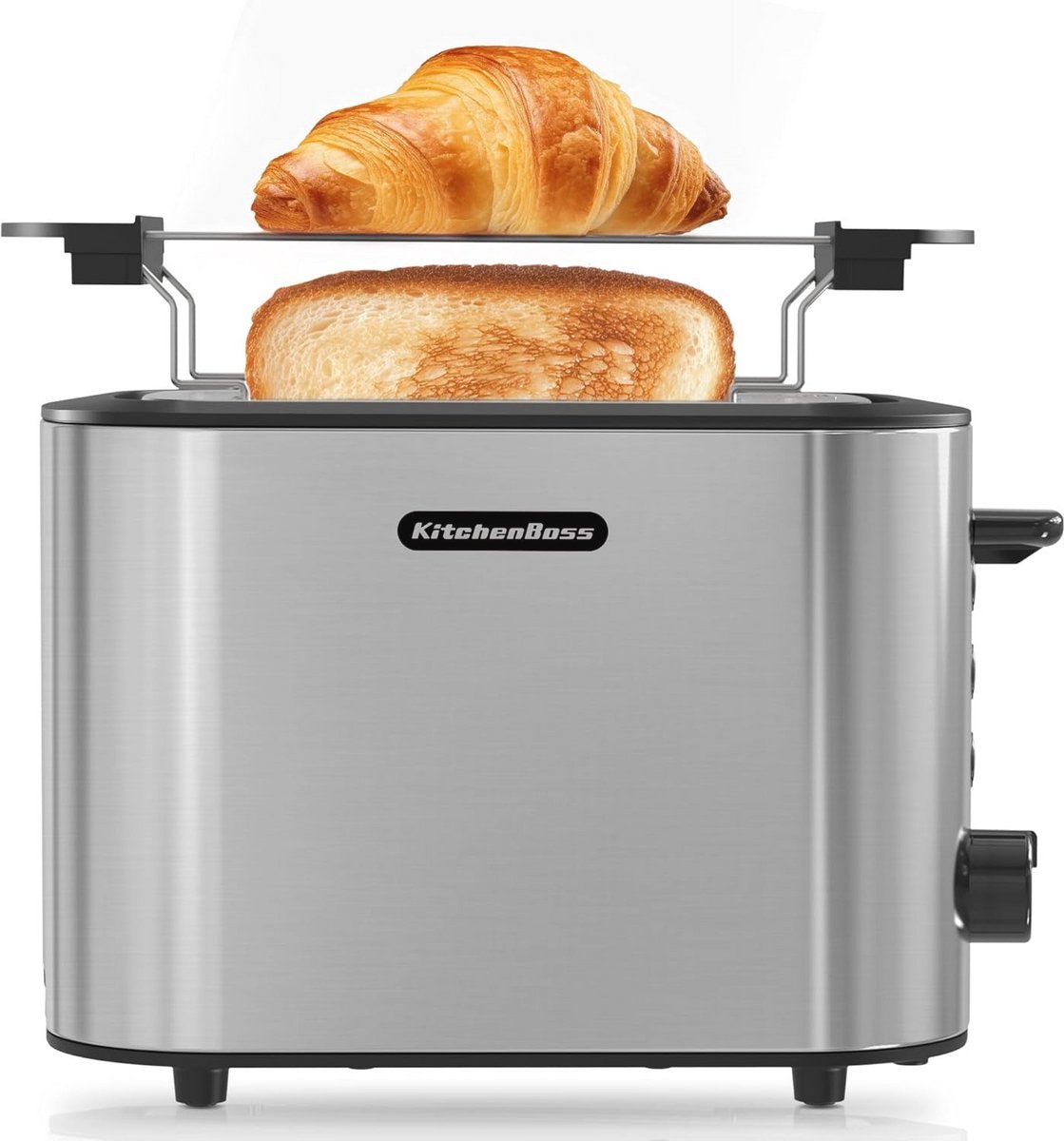 KitchenBoss Broodrooster voor 2 sneden, 870 W: broodrooster van roestvrij staal met opzetstuk voor broodjes en kruimellade, 6 bruiningsniveaus, ontdooifunctie, automatische uitschakeling