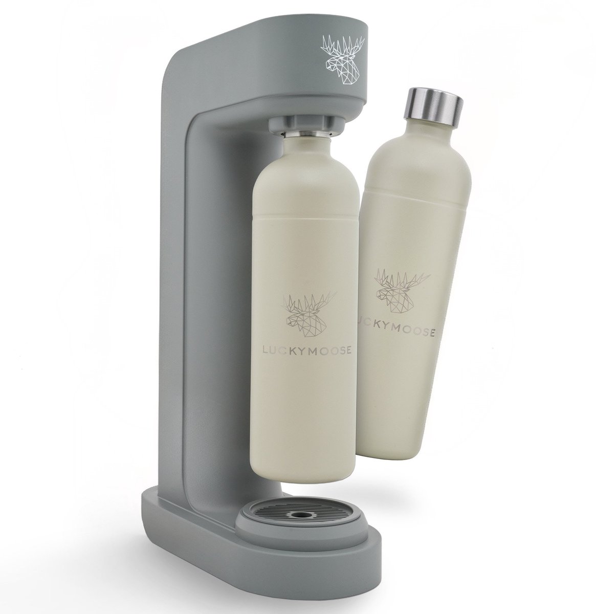 Luckymoose Bruiswatertoestel - Infinity - Soda Maker met 2x 1,25L RVS Drinkfles Zand - Bruiswater Machine - Grijs