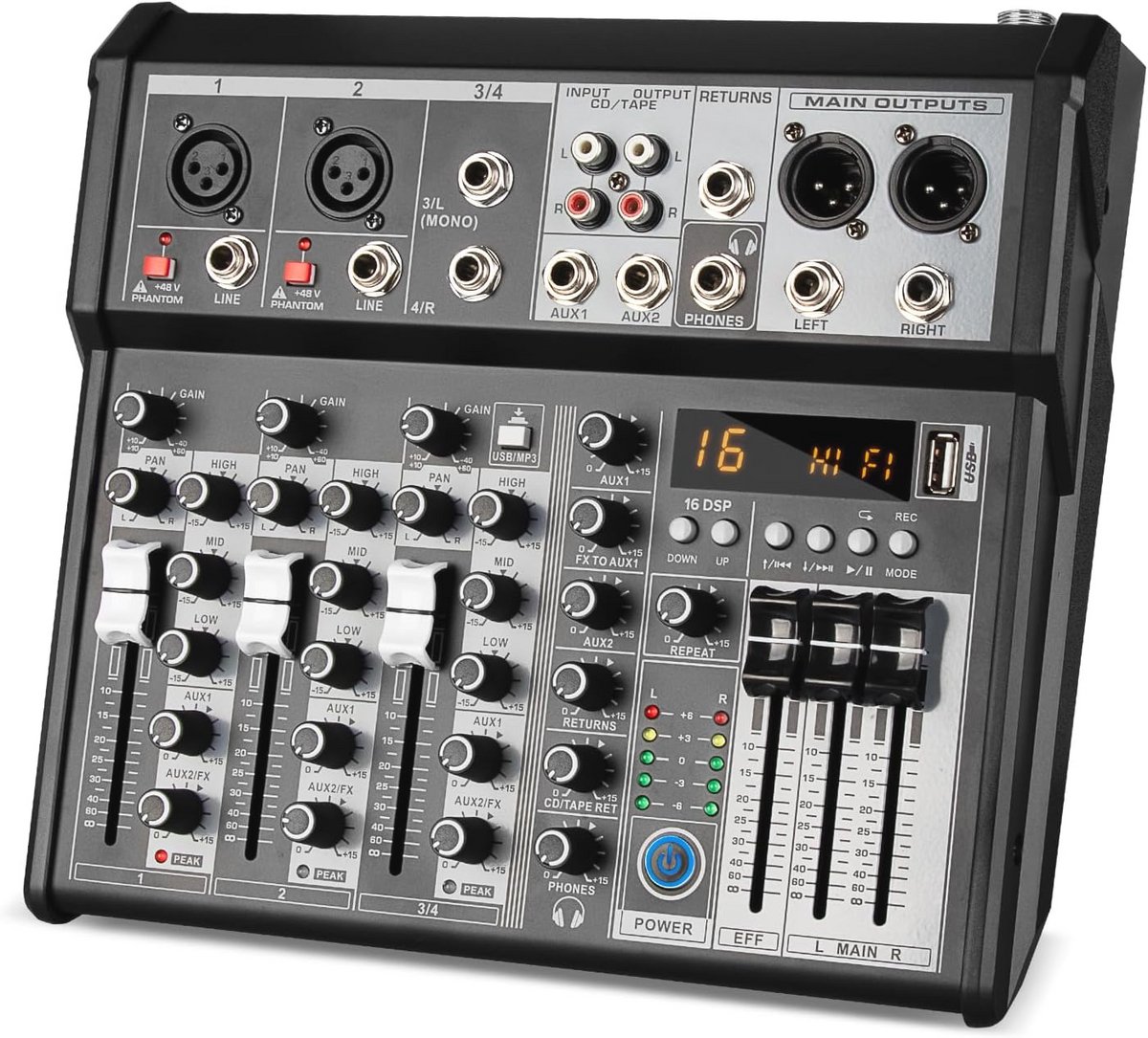 Professionele 4-kanaals audiomixer met Bluetooth en 48V fantoomvoeding voor studio en livestream