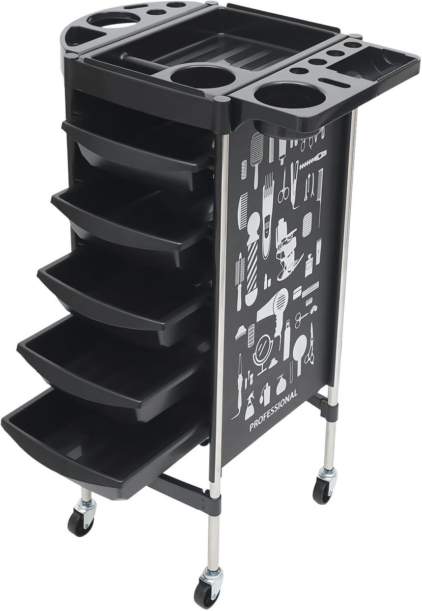 Kapperswagen met 5 Laden - Zwarte Salon Trolley voor Schoonheidssalon en Kappers
