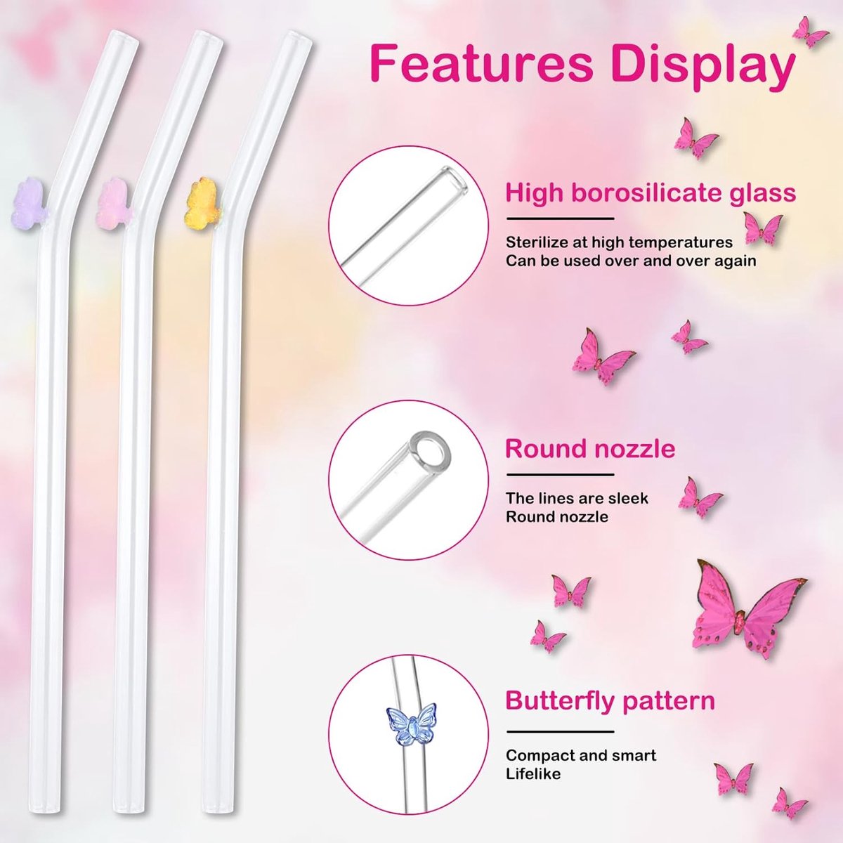 Herbruikbare Glazen Rietjes - Set van 6 - Multicolor Vlinders Versierd - Eco-Vriendelijke Gebogen Drinkrietjes voor Smoothies Milkshake Cocktail (20cm, Helder) — cadeau in Koken & Dineren - foto 6