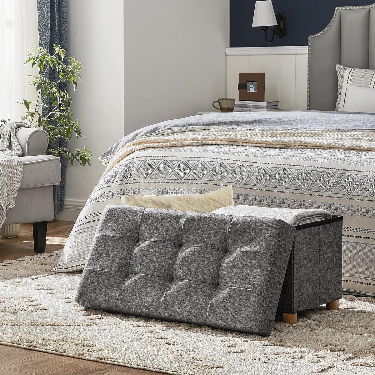 Opvouwbare Opbergkruk / Voetenbank Altameubel – Donkergrijs Linnen – Multifunctionele Poef met 80L Opbergruimte – Belastbaar tot 300 kg – 76 x 40 x 38 cm – Zitbank, Nachtkastje & Opbergbox