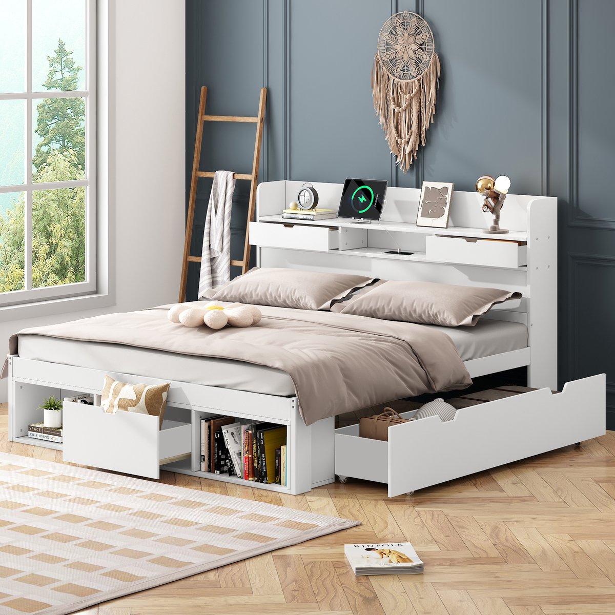 Wishdor Tweepersoonsbed Met Usb-Aansluiting En Ladepoorten - Met Lades En Opbergkasten - 140 X 190 Cm - Grenenhout En Mdf - Wit