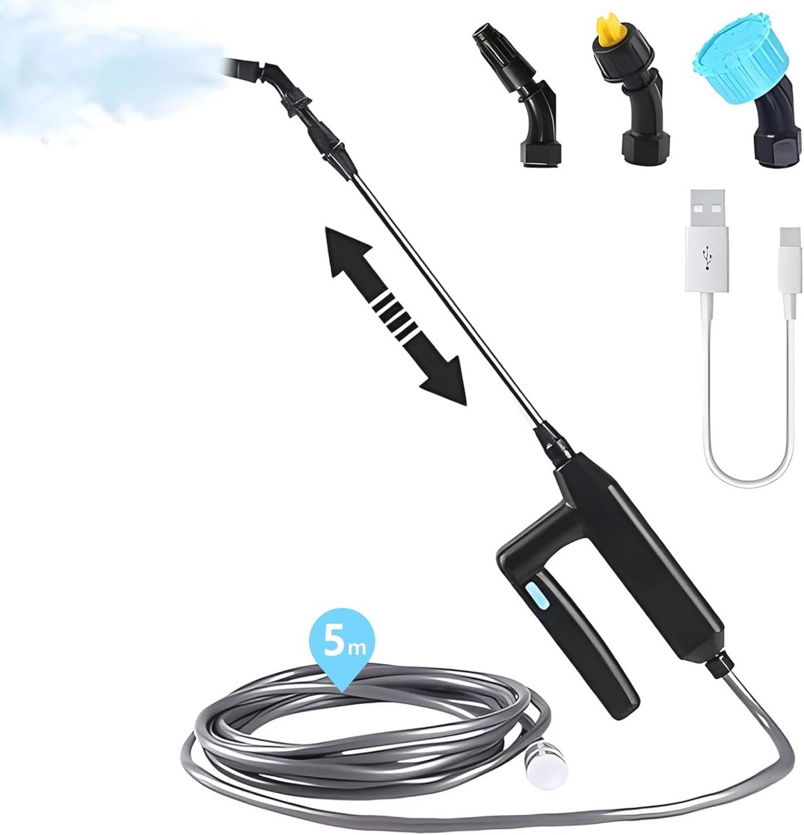 Accu-druksproeier voor Tuin met 5 m Slang en Verlengstang – Draagbare Multifunctionele Water Sproeier met 3 Sproeiers voor Terras, Gazon en Onkruid