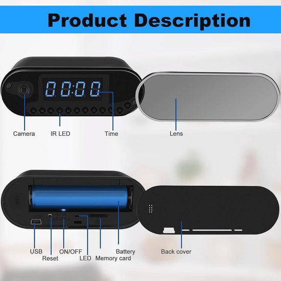 Verborgen Camera Klok - HD 1080P WiFi Minicamera met Nachtzicht en Bewegingsdetectie — afbeelding 3