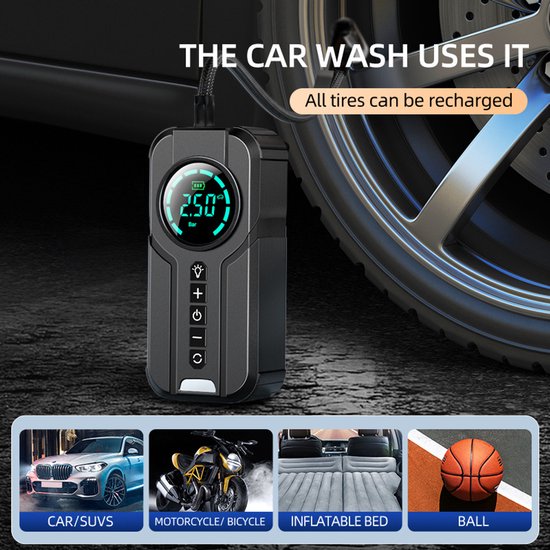 Draadloze, draagbare autobandenpomp voor auto's en sedans — afbeelding 5