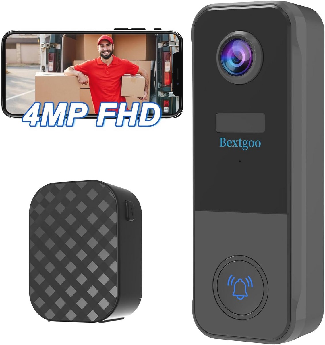 Draadloze Deurbel met Camera en AI Menselijke Detectie | 4 MP FHD Nachtzicht, Bidirectionele Audio