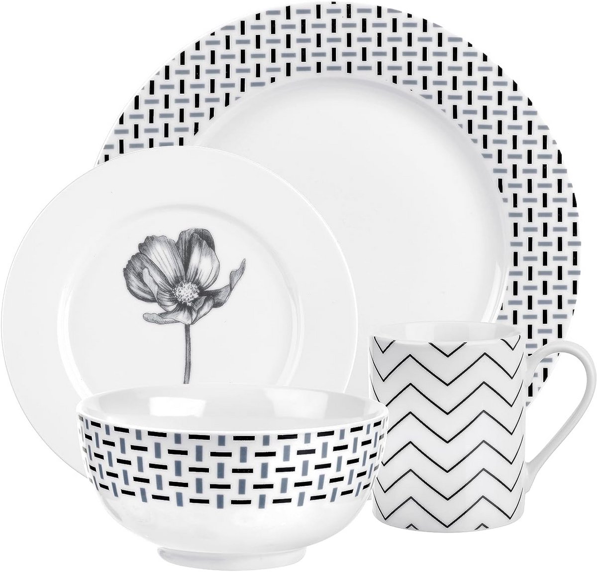 16-delige Porseleinen Servies Set Monochroom Mix-en-Match