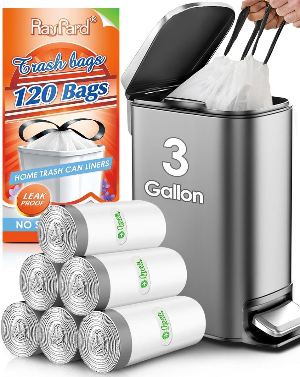 Sterke Vuilniszakken met Trekkoord 120 Stuks - 3 Gallon - Witte Afvalzakken voor Kleine Prullenbakken