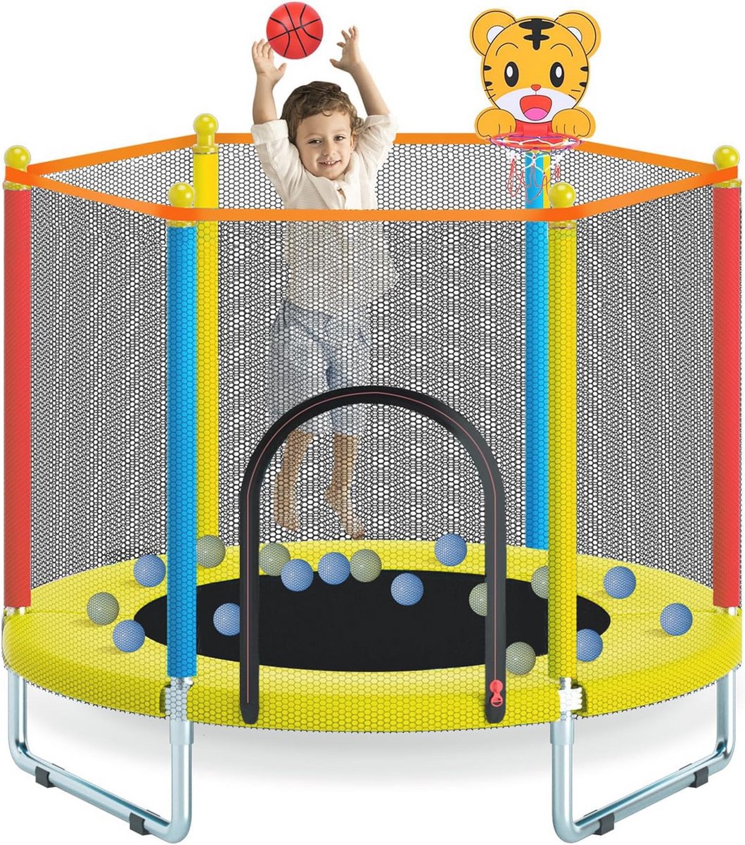 150 cm kindertrampoline met veiligheidsnet en basketbalmand voor kinderen