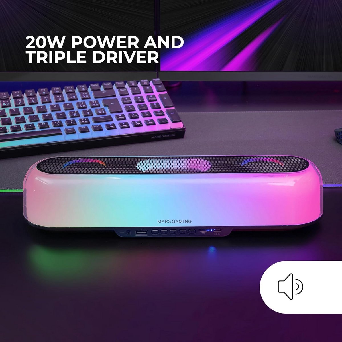 Draagbare Speaker en Soundbar met RGB Verlichting - 20W Triple Driver Gaming Speakers - Bluetooth 5.3, USB, MicroSD, AUX, FM