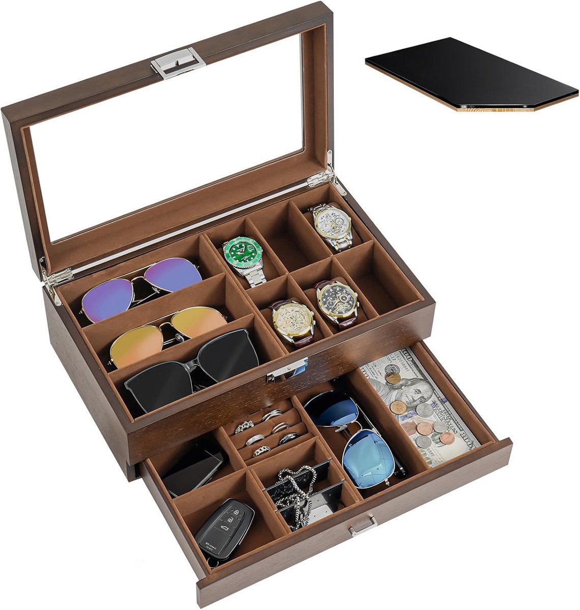 ProCase Wooden Jewelry Box for Men, 2 Tier Watch Holder and Sunglasses Box Organizer for Men, Display Cases with Clear Glass Top and Storage Drawer -Espresso