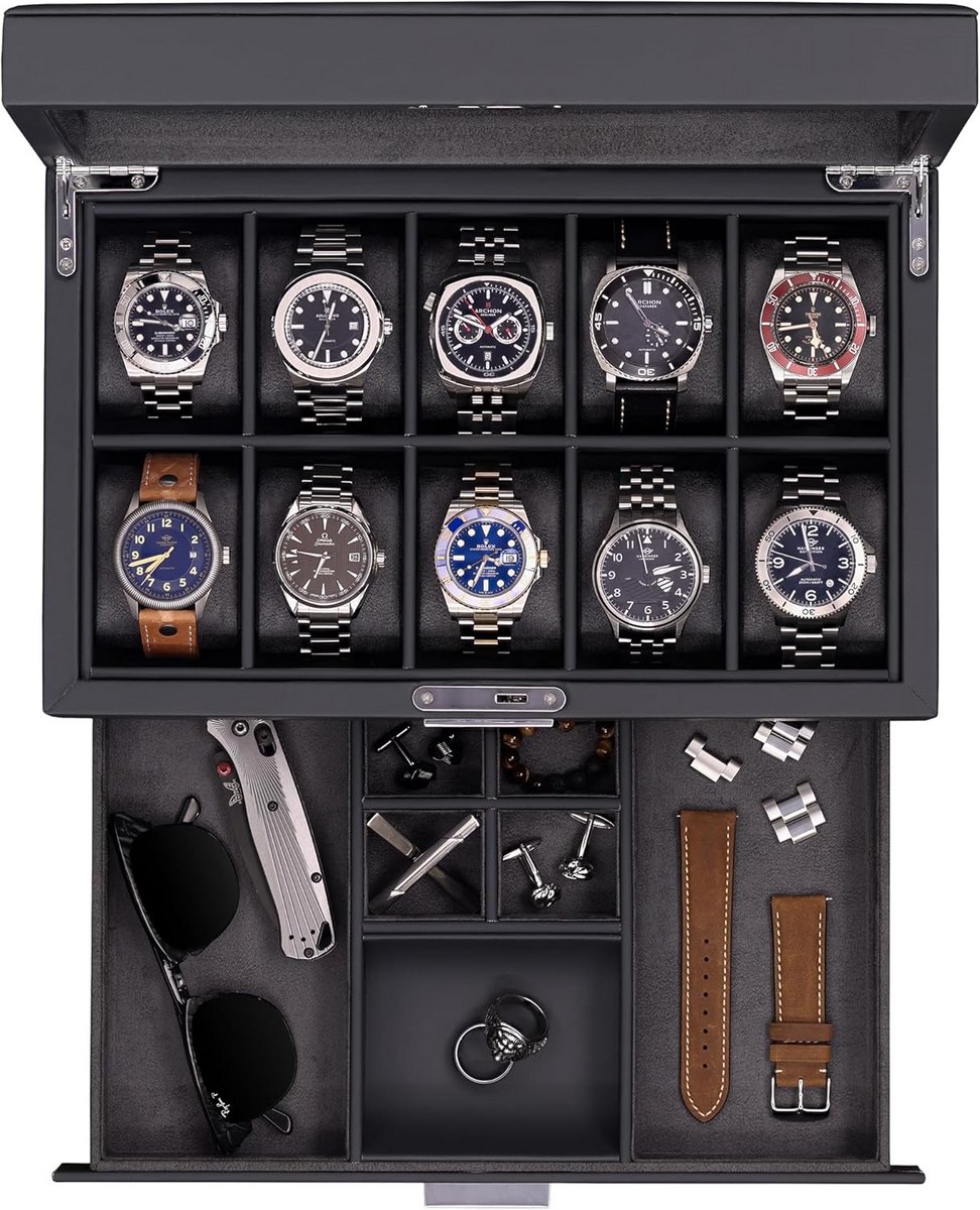 ROTHWELL Horlogedoos met 10 sleuven in leer met valet lade, luxe horlogekast display organizer met ultra zachte microsuède voering, sieraden en zonnebril houder met grote glazen bovenkant (carbon)