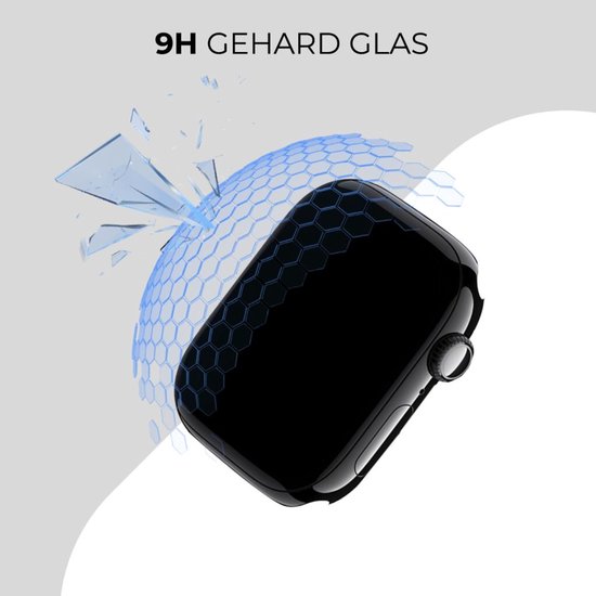 Zwarte Apple Watch met gebroken glas, beschermd door een blauw honingraatnet. Tekst: 9H gehard glas.