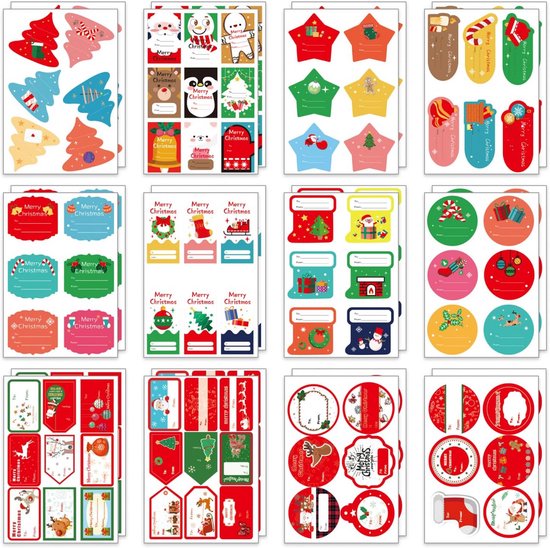 Cosmeria Kerststickers – 176 Stuks, Kraftpapier, Cartoon & Minimalistisch, 5x7,6 Cm, Zelfklevend, Voor Cadeaus En Kaarten