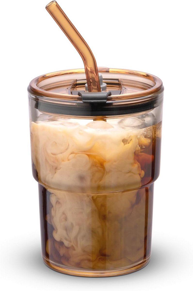 Isolatiebeker met Rietje en Deksel - Dikke Wand Glazen Koffiekop 400 ml