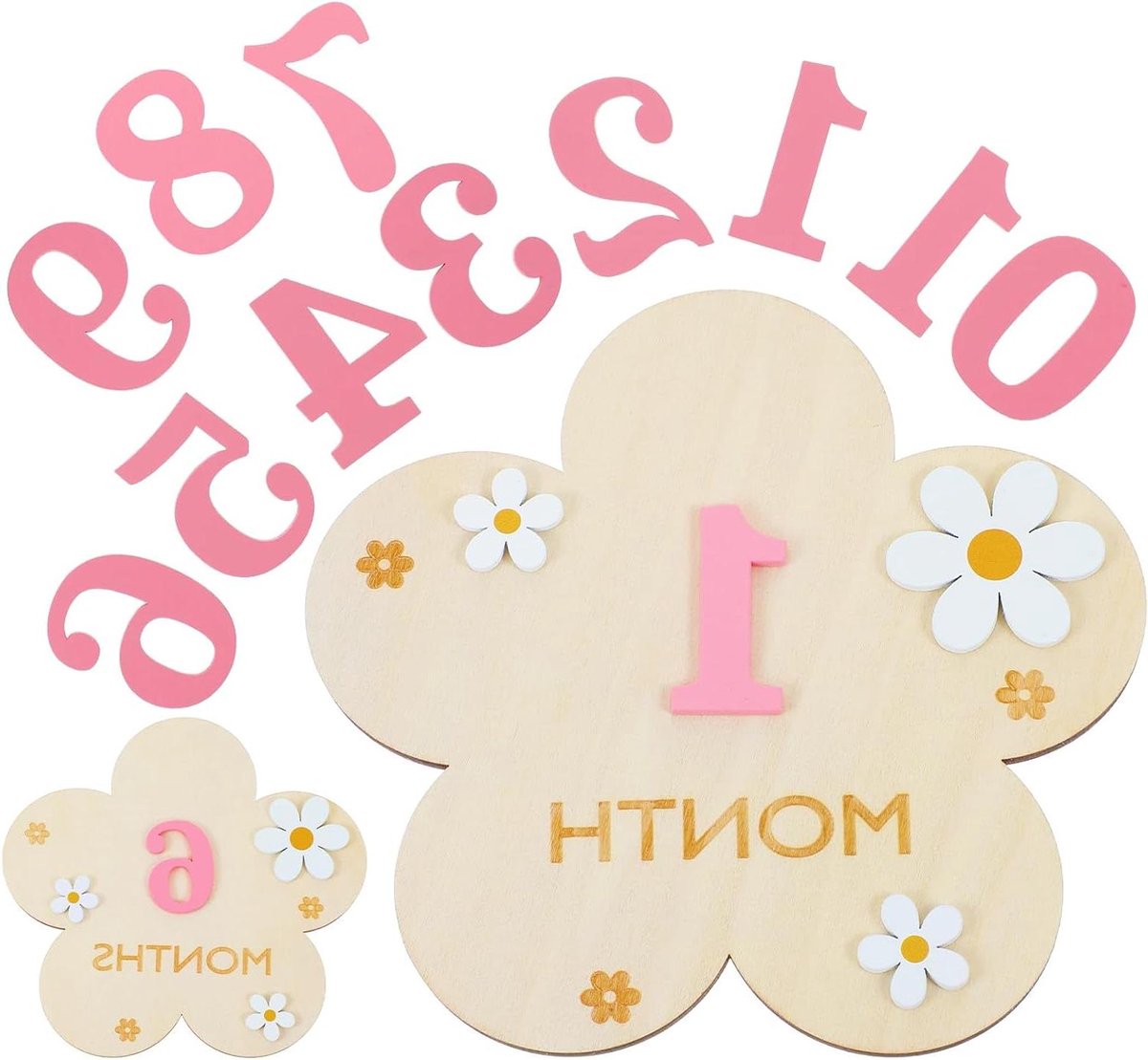 Mijlpaalkaarten Set - DIY Bloemen - Hout - Verwisselbare Figuur - Baby's Maandkaarten - 1-12 Maanden - Roze - Geschikt voor Baby - Meisje
