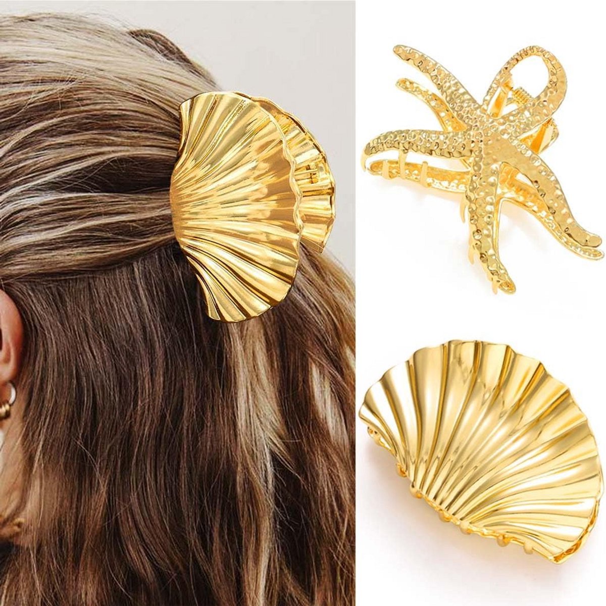 Gouden Metalen Haarclip met Schelp en Zeester - Stijlvolle Haaraccessoire voor Dames