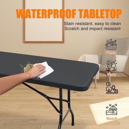 Klaptafel 244 cm - Draagbare Heavy Duty Vouwtafel met Handvat - Multifunctioneel voor Camping Picknick Indoor Outdoor - Kunststof - Zwart — afbeelding 5