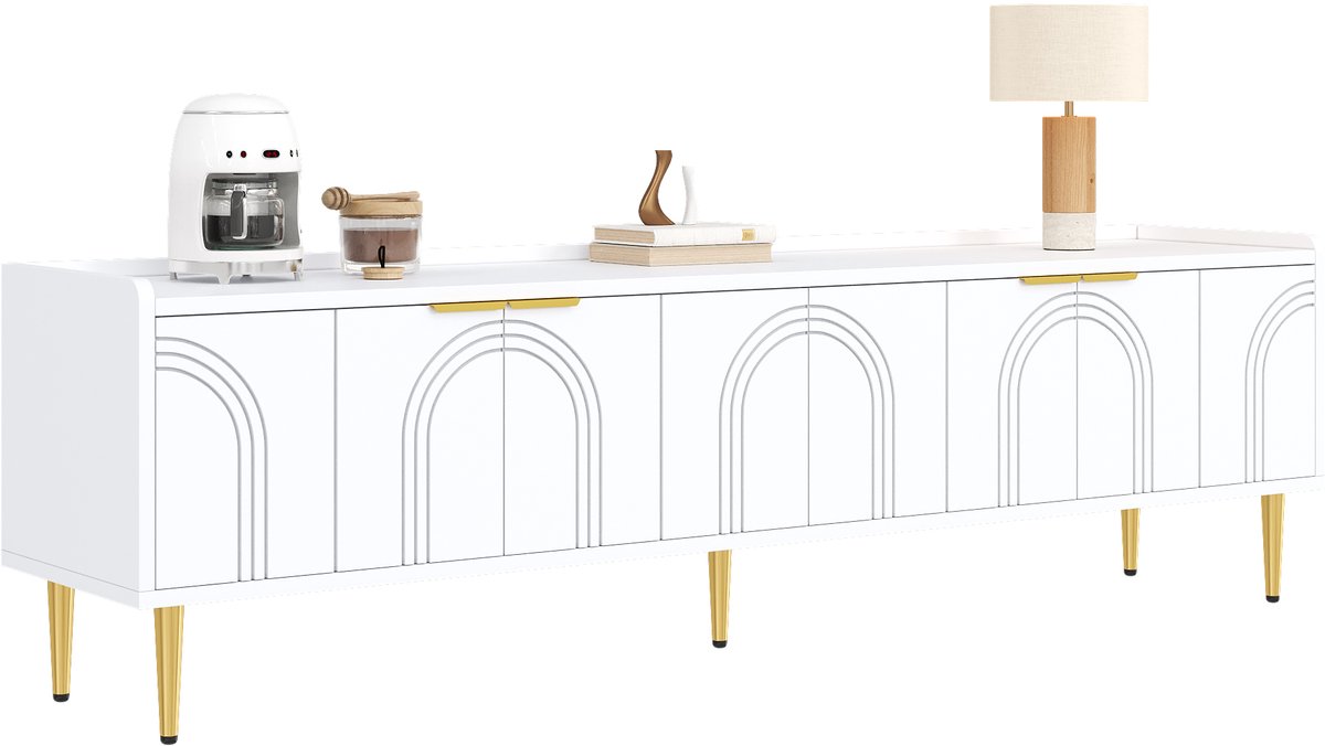 Clruro TV-kast - Laagboard met Gestructureerde Deuren - Gouden Handgrepen en Gouden Poten - 170 x 35 x 47,5 cm Wit
