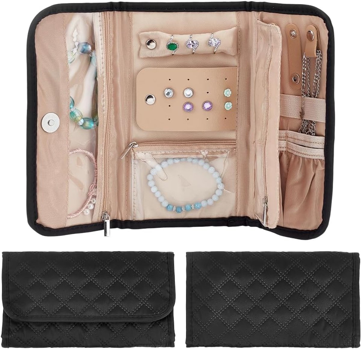 Reizen Sieraden Organizer Case - Opvouwbare Sieraden Roll Tassen - Zwarte Oorbellen Organizer Case - Draagbare Ringen Houder - Armbanden Opbergzakken voor Vrouwen - Reizen Ketting Horloges Opslag