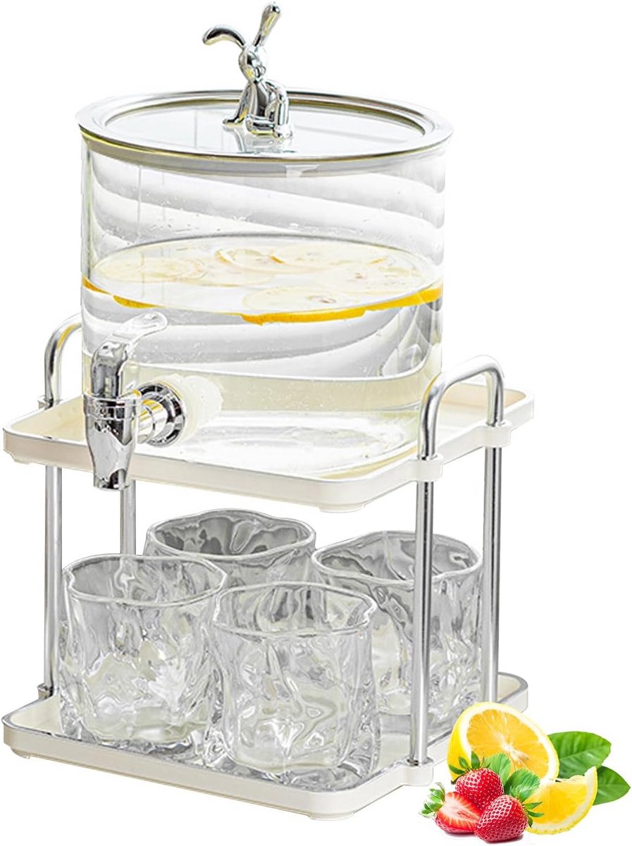 Grote Drankdispenser van Glas met Tapkraan en 4 Glazen - IJsthee, Limonade & Waterkan