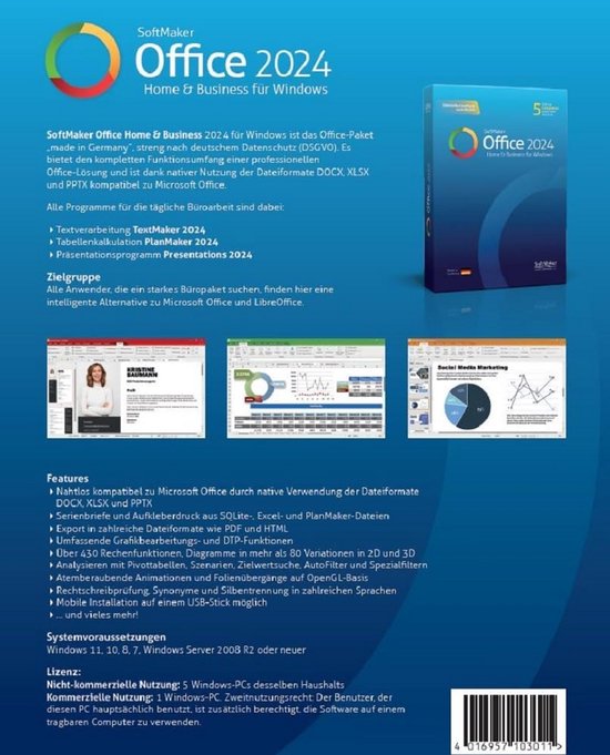 Achterkant van SoftMaker Office 2024 Home & Business verpakking, met afbeeldingen van de software, functies en systeemvereisten.