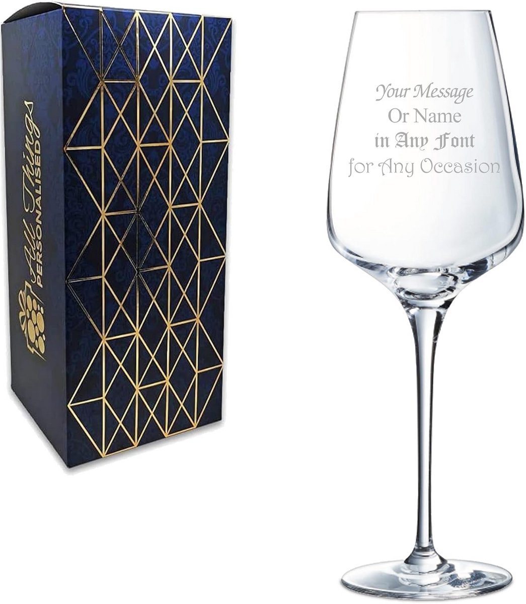 Gepersonaliseerd gegraveerd wijnglas met boodschap voor elke gelegenheid