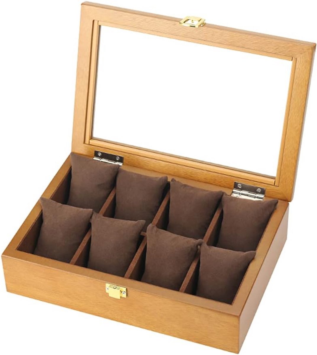 Luxe Houten Horlogedoos voor 8 Stuks - Opbergkoffer met Glazen Deksel en Kussens