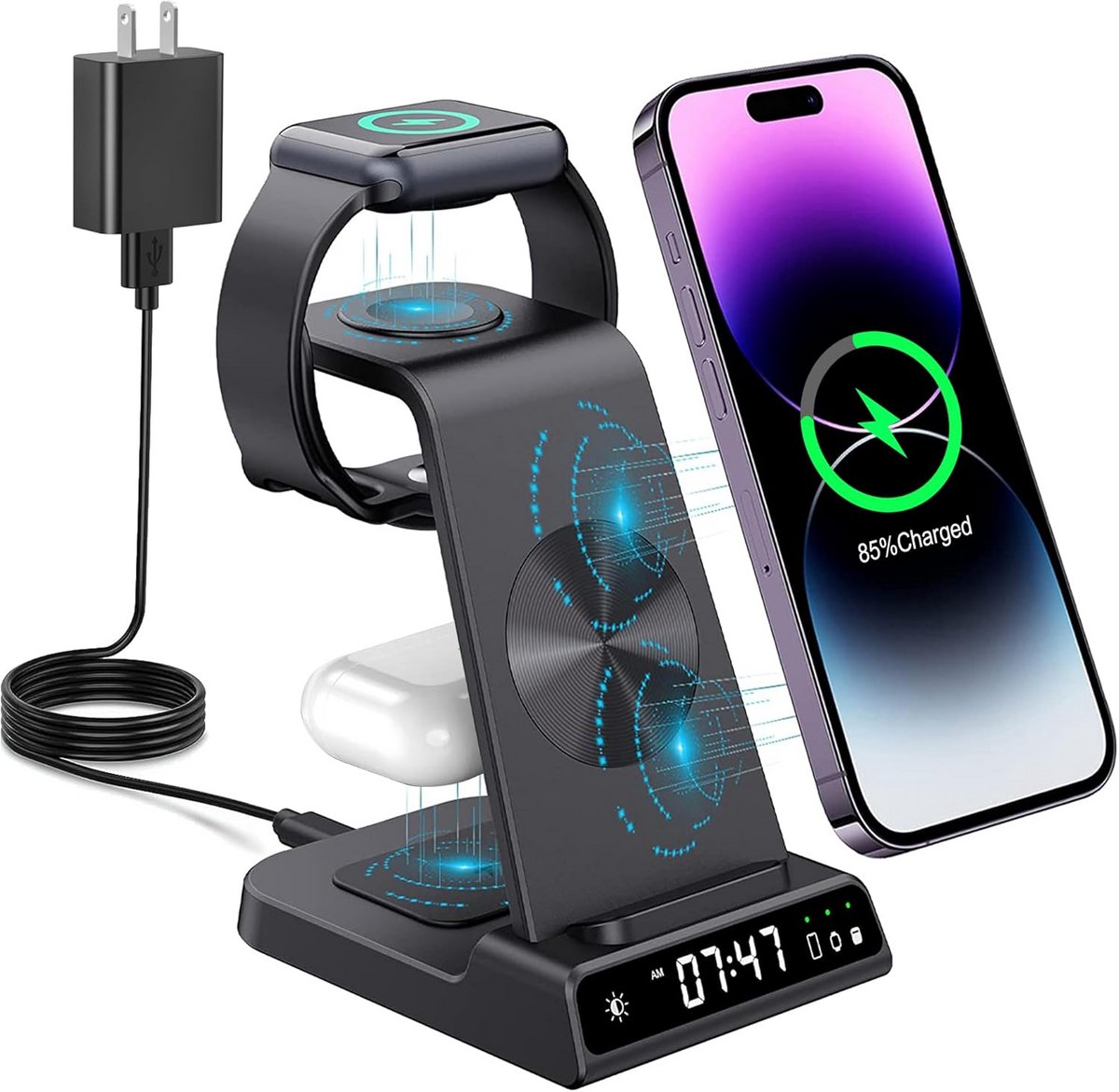 3-in-1 Draadloos Oplaadstation met Digitale Klok voor Horloge en AirPods