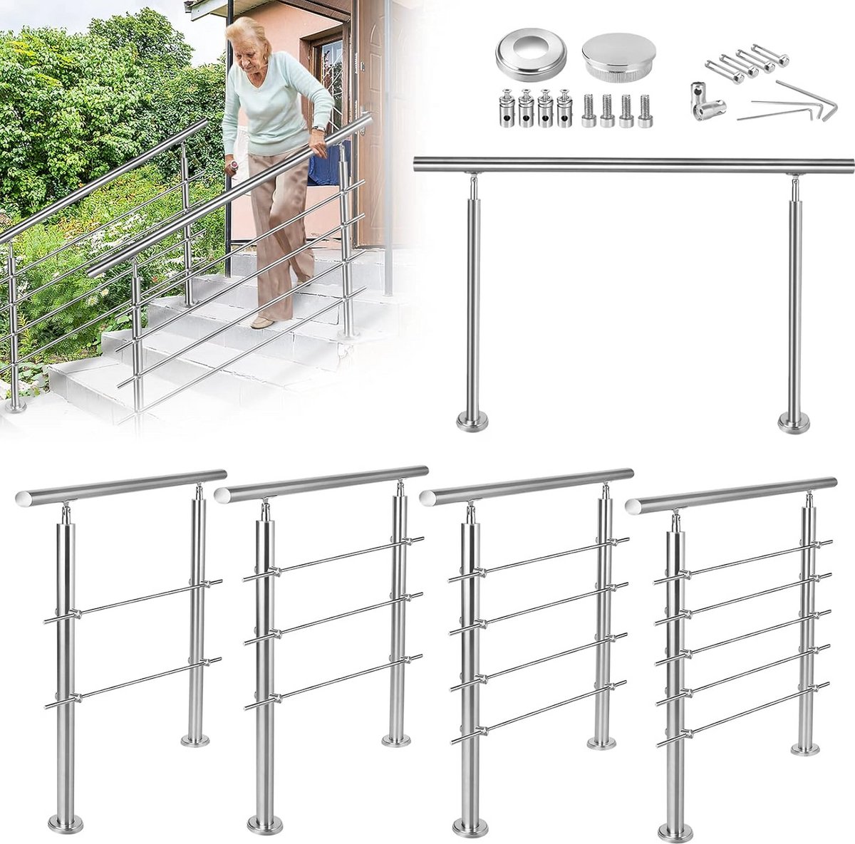 RVS Trapleuning voor Binnen en Buiten - Balustrade voor Trap, Balkon en Tuin - 180 cm met 3 Dwarsbalken